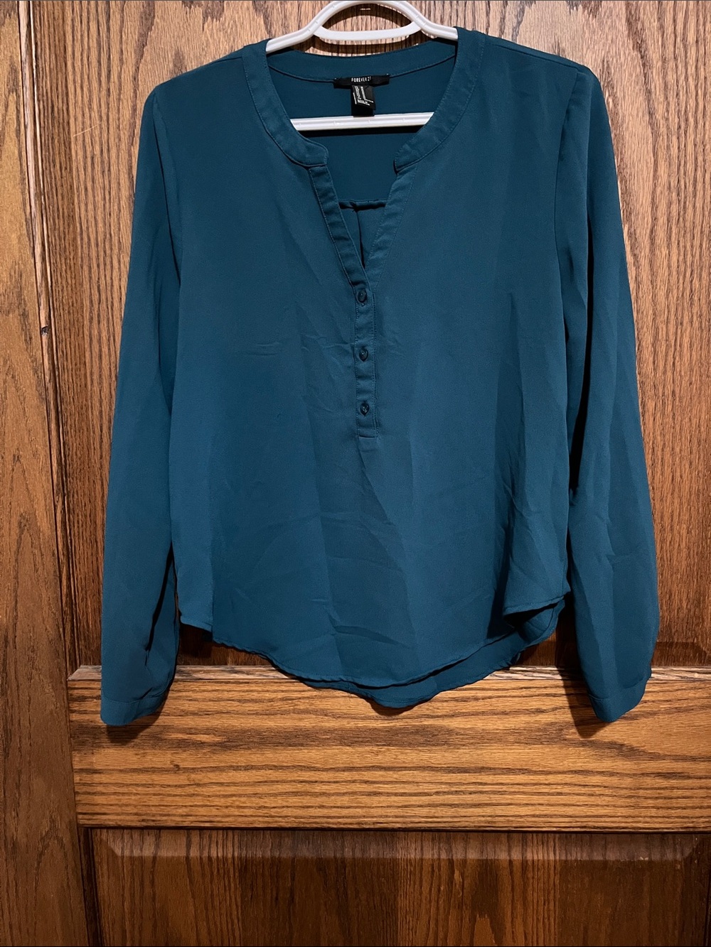 Forever 21 Teal Long-Sleeve Split-Neck Blouse
